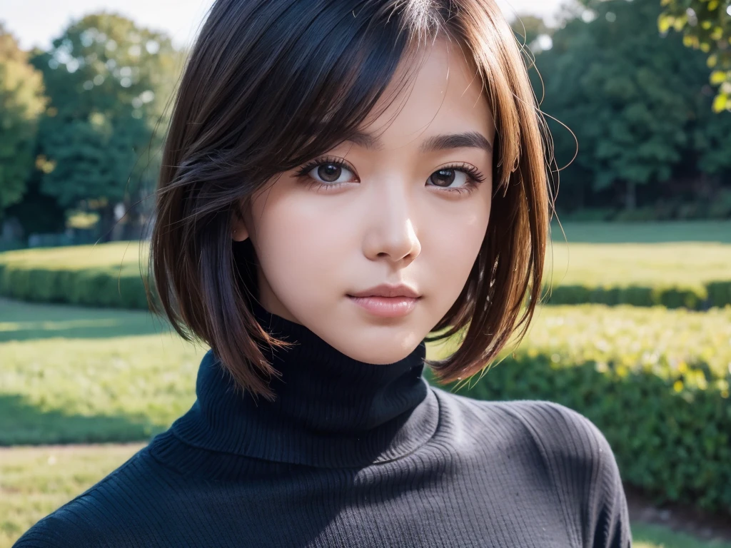 (((masterpiece, best quality,ultra-detailed,8k,high resolution))), (upper body),24 years old , 1girl, short hair, (((Cover half face with a turtleneck sweater)))