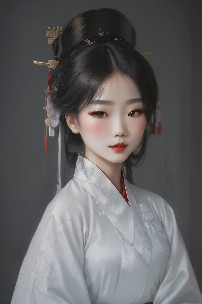 Wearing a white kimono、Asian woman with red lips, palace ， a girl in Hanfu, white Hanfu, Hanfu, Beautiful portrait images, Traditional Beauty, Wearing ancient Chinese clothes, Gu Weiss, Wearing Chinese clothing, Chinese Girl, artwork in the style of Gu Weiss, Cute and delicate face, Young cute pale Asian face