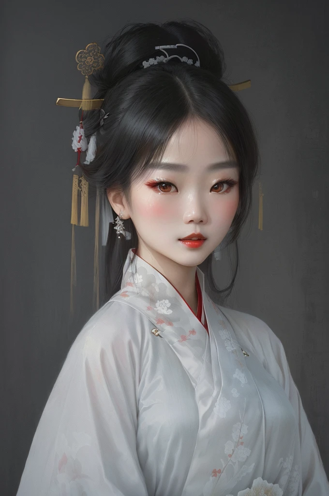 Wearing a white kimono、Asian woman with red lips, palace ， a girl in Hanfu, white Hanfu, Hanfu, Beautiful portrait images, Traditional Beauty, Wearing ancient Chinese clothes, Gu Weiss, Wearing Chinese clothing, Chinese Girl, artwork in the style of Gu Weiss, Cute and delicate face, Young cute pale Asian face