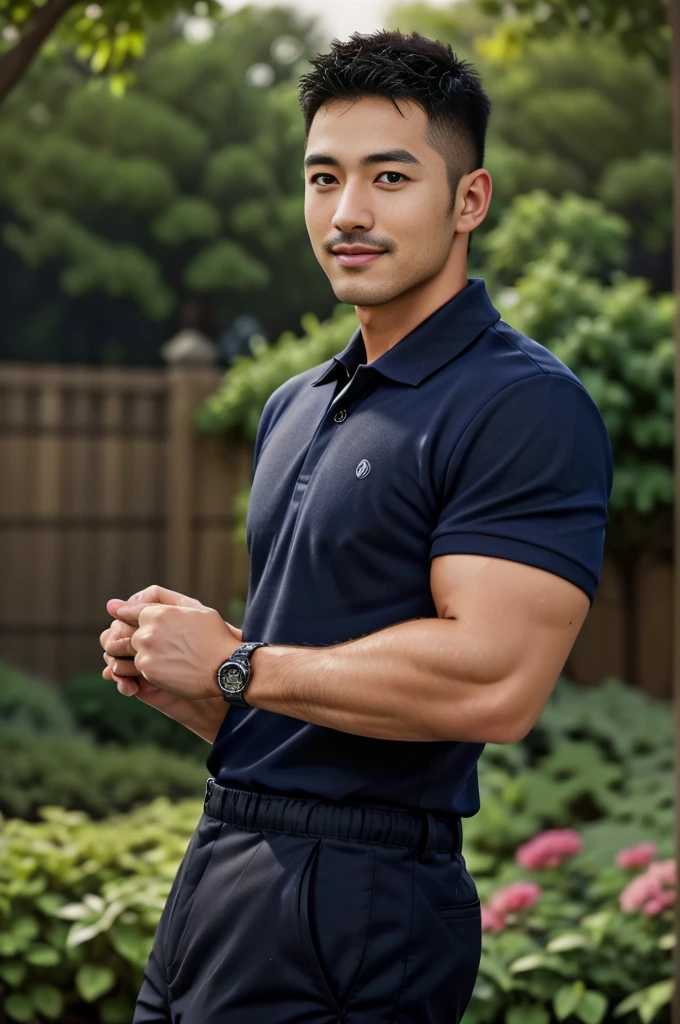 Masterpiece, best quality, high resolution, realistic, handsome, Take beautiful photos, Photo of the 35 year old gym association (The man has a thin mustache.) ,Full body, Portrait, standing in the garden, make military media, weight, Amazing , Buzzcut short hair,stubble head , (Hyper Muscle),looking at the audience, Flirt with the camera, charming, (Tight navy blue polo shirt Cargo pants ),(GS-Male:1), 8k,Bokeh,Portrait,look at the viewer, smile