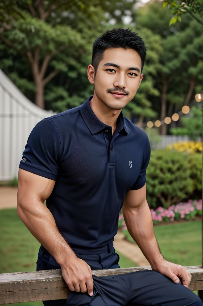 Masterpiece, best quality, high resolution, realistic, handsome, Take beautiful photos, Photo of the 35 year old gym association (The man has a thin mustache.) ,Full body, Portrait, standing in the garden, make military media, weight, Amazing , Buzzcut short hair,stubble head , (Hyper Muscle),looking at the audience, Flirt with the camera, charming, (Tight navy blue polo shirt Cargo pants ),(GS-Male:1), 8k,Bokeh,Portrait,look at the viewer, smile