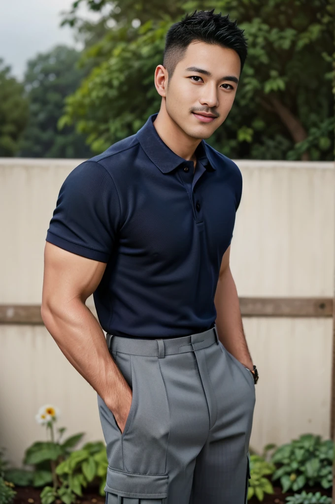 Masterpiece, best quality, high resolution, realistic, handsome, Take beautiful photos, Photo of the 35 year old gym association (The man has a thin mustache.) ,Full body, Portrait, standing in the garden, make military media, weight, Amazing , Buzzcut short hair,stubble head , (Hyper Muscle),looking at the audience, Flirt with the camera, charming, (Tight navy blue polo shirt Cargo pants ),(GS-Male:1), 8k,Bokeh,Portrait,look at the viewer, smile