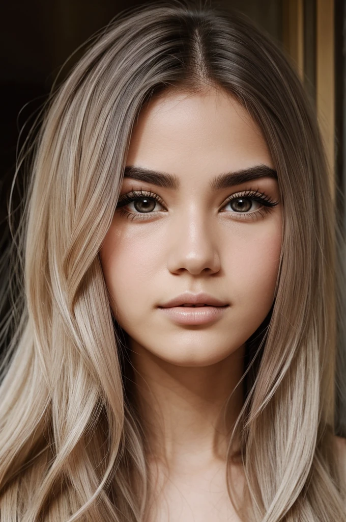 With a lot of hair, circular eyes, upturned nose, long eyelashes, thick lips, faded hair with a line on the hair.