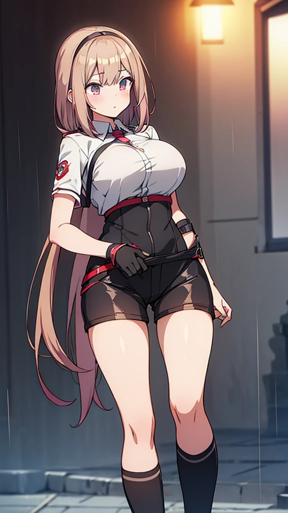 Full body image, front, One girl, 18-year-old, Mix 4, (32K, RAW Photos, Highest quality, masterpiece:1.2), (Anime-like, photoAnime-like:1.37), cute, Short sleeve T-shirt,Shorts,Black knee socks, night, rain, Humidity, Professional Lighting, Photon Mapping, Radio City, Physically Based Rendering, Super Resolution, (Big Breasts:1.2), {{The biological weapon that had preyed on the younger sister took her place and reunited with the older brother, The rebellious little sister has become the obedient little sister}}, Girl Skull, whole body, NSFW