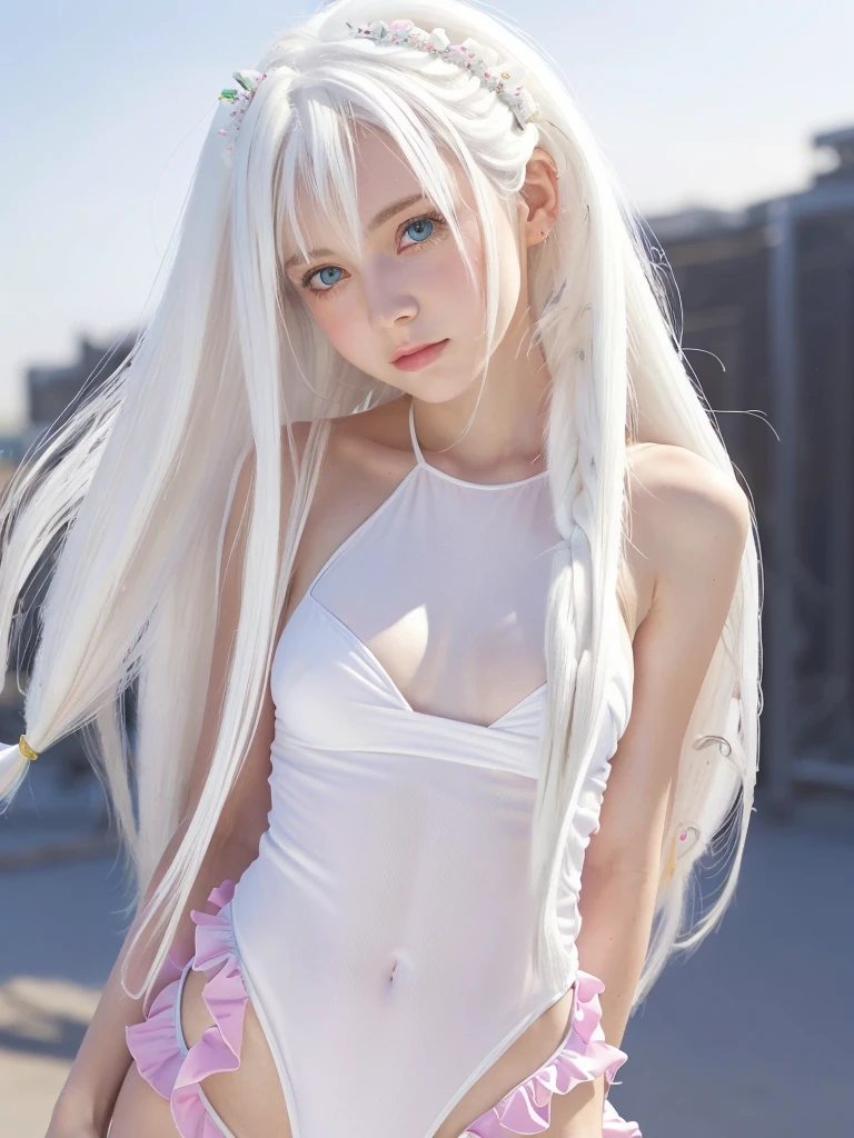 {{masterpiece}},{{highest quality}},enlightenment,1 perfect portrait of a girl, Colorful hair, (white+white soft hair:1.6), blue eyes,Long and slim body type, Fantasy pink background, {lean forward a little},{shy}, head tilt,{small breasts} ,movie lighting,((seductive pose)), ((swimsuit)), fullbody