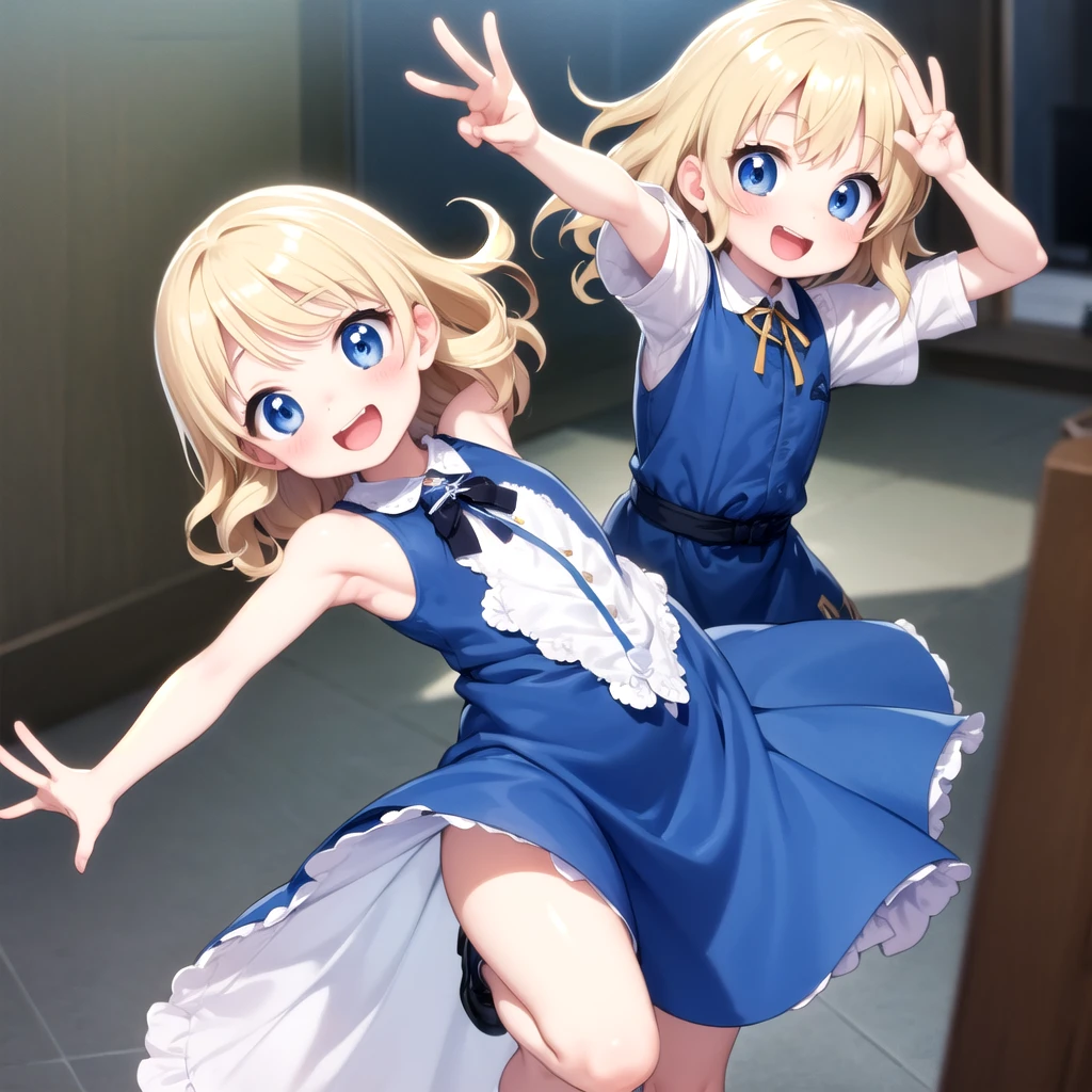 Adorable , 5 years old, blond hair, pale skin, blue eyes, wavy hair, adorable smile, is running with open arms, He is smiling, Blue dress, anime style, 2d.