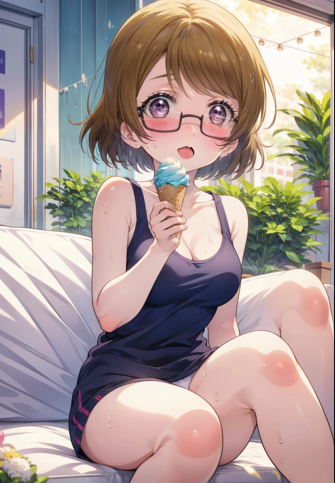 Hanayo Koizumi, hanayo　Koizumi, short hair, Brown Hair, Purple eyes,Big Breasts,happy smile,Open your mouth, smile,Black-rimmed glasses,Green Tank Top,white string underwear,barefoot,Holding ice cream in both hands,Eating ice cream,Sitting on the sofa,whole bodyがイラストに入るように,Daytime,Clear skies,Sweat,　　　　　　　　　　　　　　　　　　　break looking at viewer, whole body,　　　　　　　　　　　　　　　　　　　break indoors, room, 　　　　　　　　　　　break (masterpiece:1.2), Highest quality, High resolution, unity 8k wallpaper, (shape:0.8), (Beautiful attention to detail:1.6), Highly detailed face, Perfect lighting, Extremely detailed CG, (Perfect hands, Perfect Anatomy),