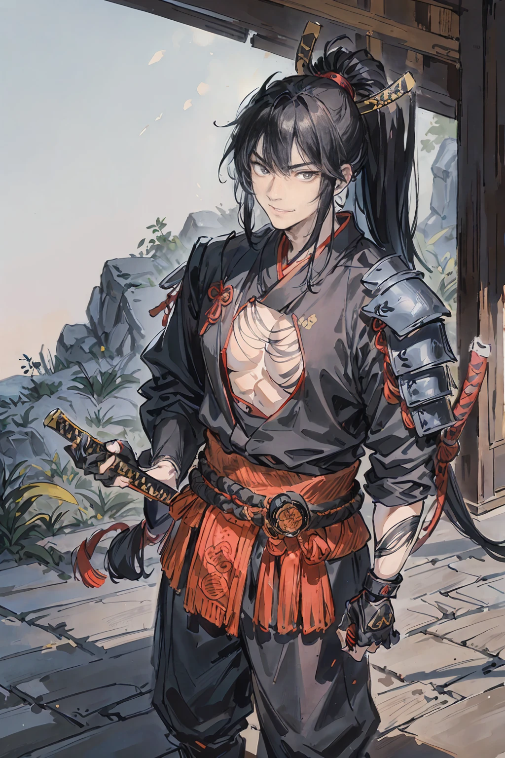 Ninja male, a black haired , wearing a black ninja armor, long hair, fasion hair, samurai armor, slim body, shirt ornament, hakama, tall 180cm, 18yearold, samurai, katana, male, handsome, earing, smiley facr