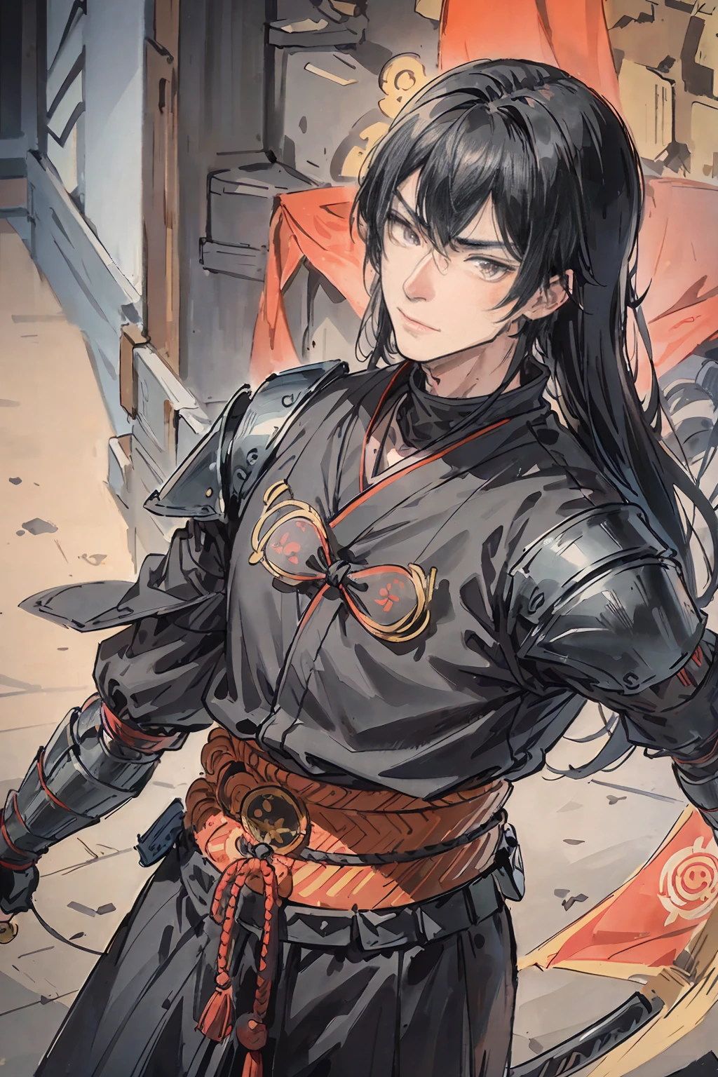 Ninja male, a black haired , wearing a black ninja armor, long hair, fasion hair, samurai armor, slim body, shirt ornament, hakama, tall 180cm, 18yearold, samurai, katana, male, handsome,  earing, smiley facr