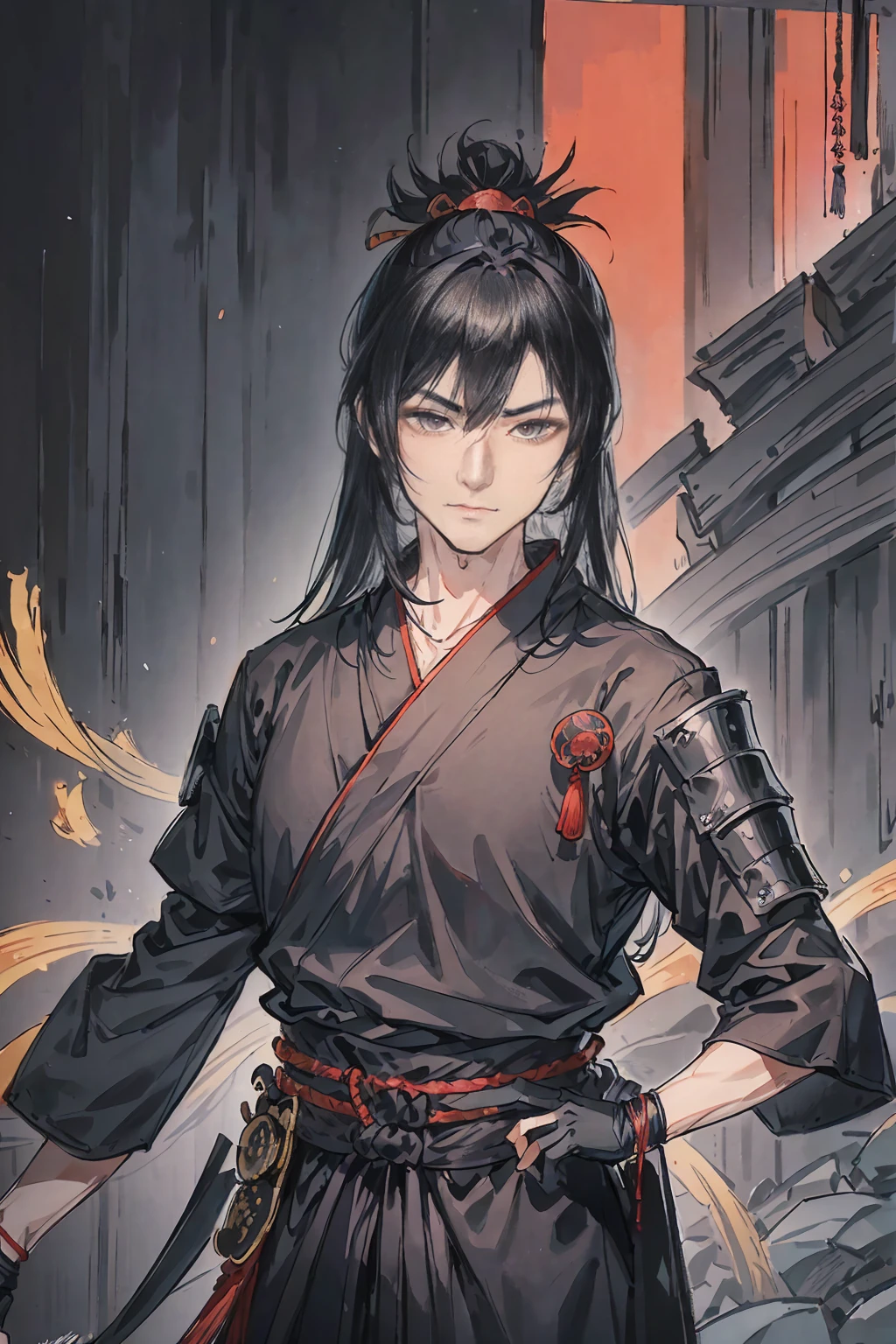 Ninja male, a black haired , wearing a black ninja armor, long hair, fasion hair, samurai armor, slim body, shirt ornament, hakama, tall 180cm, 18yearold, samurai, katana, male, handsome,  earing, smiley facr