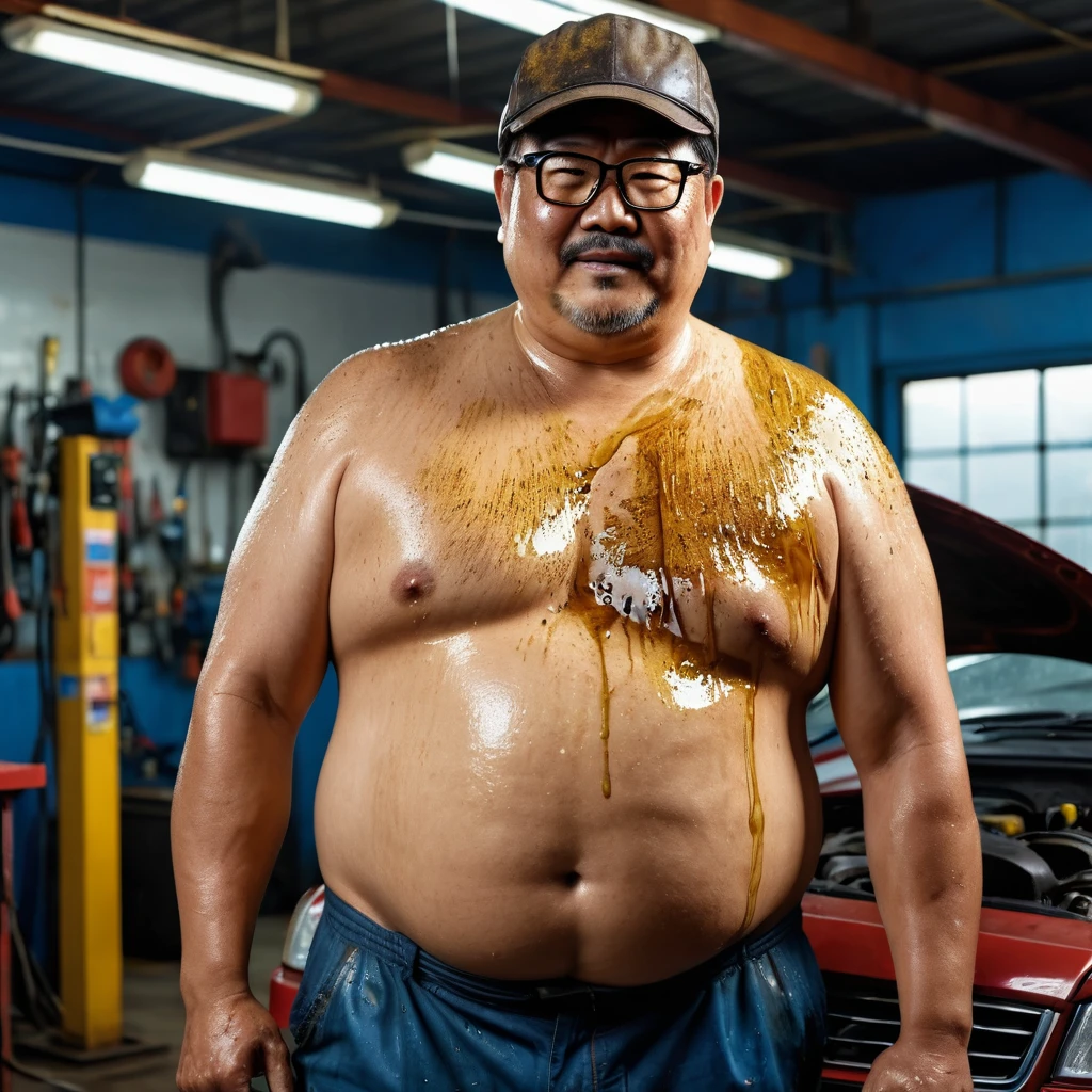 Man, Asian, Fat, Chubby, 50 years old, eye glasses, Hat, take of shirt, Shirtless, car mechanic, Working in a car repair shop, covered in oil, Wet, Stain, Dirty of Oil, realistic image, sharp 8K, beautiful lighting.