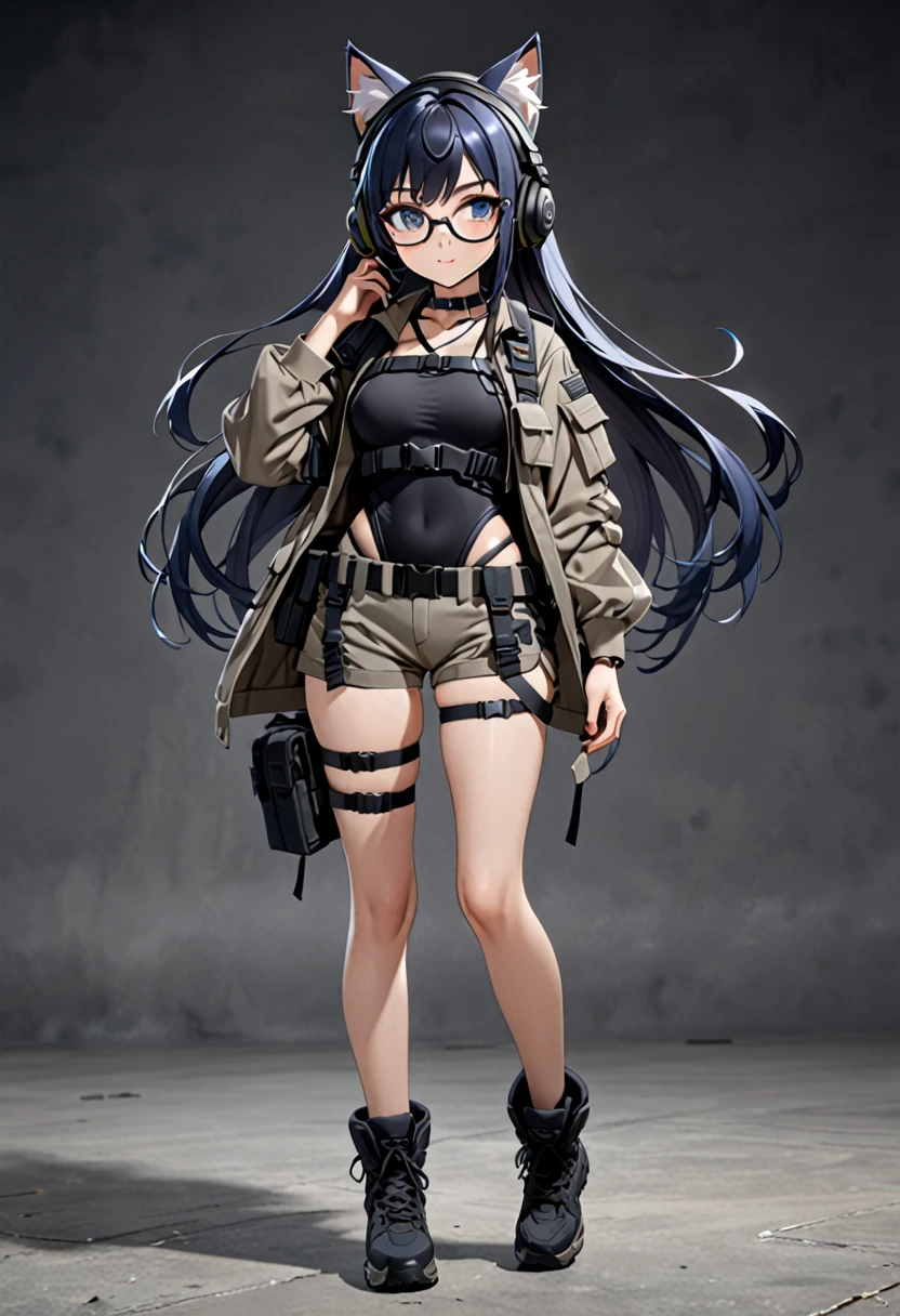 8K Ultra High-Quality, ultra-detailed, High quality, Dark Blue hair, Long hair, Headset, Goggles, cat girl, Grey Tactical clothes, Military clothes, black tight leotard under clothes, shorts, body harness, Looking at viewer, choker, glasses, full body