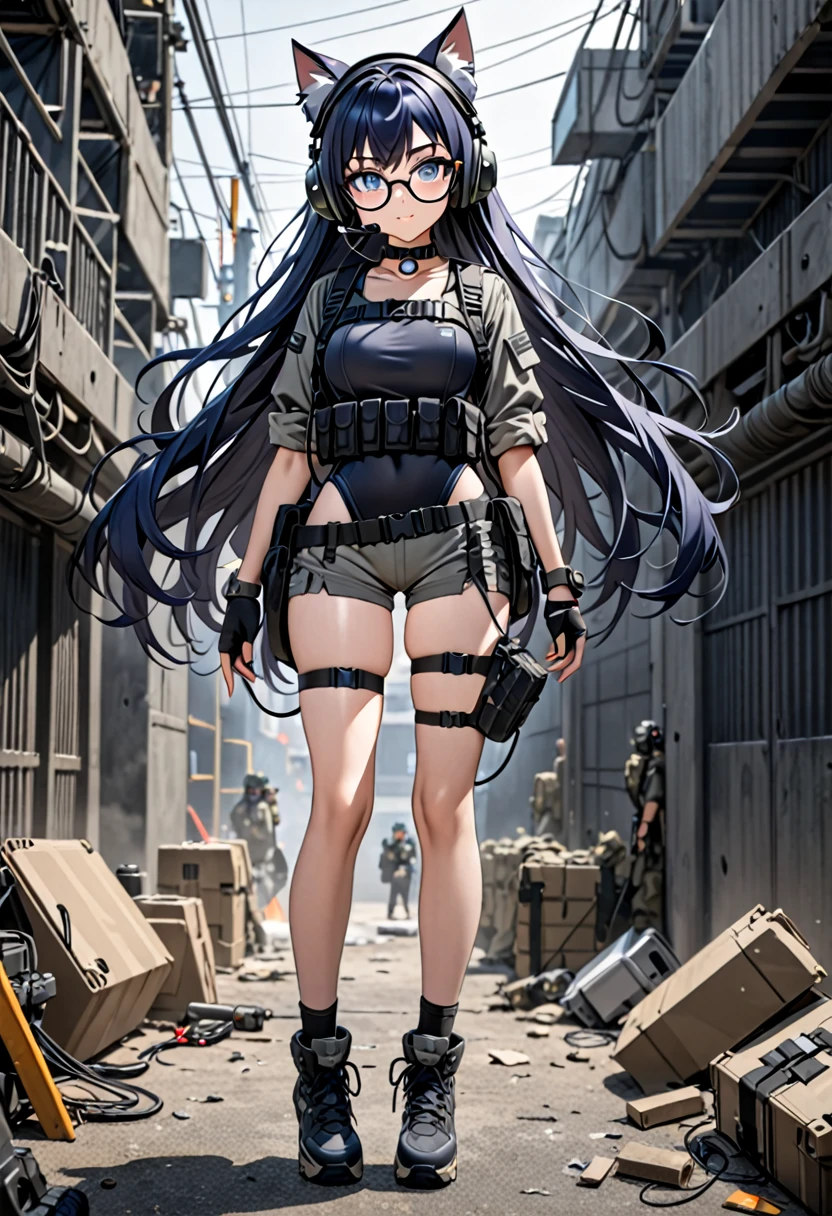 8K Ultra High-Quality, ultra-detailed, High quality, Dark Blue hair, Long hair, Headset, Goggles, cat girl, Grey Tactical clothes, Military clothes, black tight leotard under clothes, shorts, body harness, Looking at viewer, choker, glasses, full body
