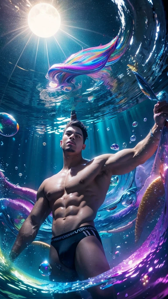 Masterpiece, Need good deeds, 1 man, adult, ผู้หญิงที่เป็นadult, Highly muscular men, Dark theme, Magic Array, bubble, Rainbow sunshine, Underwater, mirror, floating glass panels, Rainbow Light, Bubble Swirl, Vortex wind, Aurora, Fantasy landscape, Starlight around the character, (upper body), Naked on upper body, With unicorn tattoos