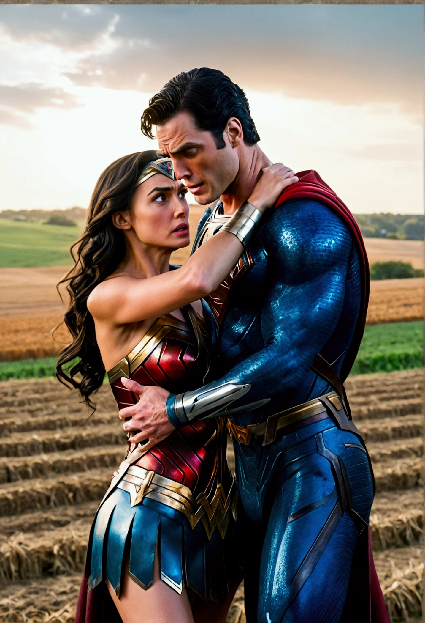 image Wonder Woman with a shock pain face leaning forward. Background, superman standing close behind wonder woman holding arms tightly, stopping her from leaving and a farm field