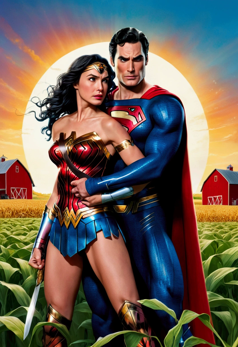 image Wonder Woman with a shock pain face leaning forward. Background, superman standing close behind wonder woman holding arms tightly, stopping her from leaving and a farm field