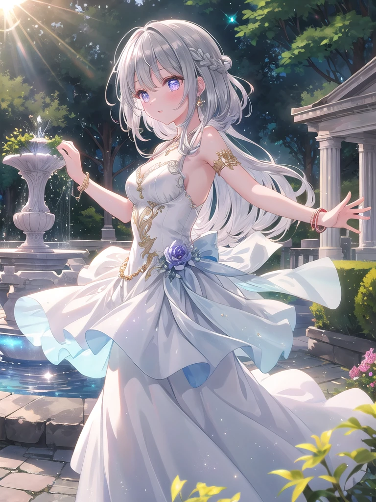 ((8k, best quality, master piece: 1.3)),super high resolution,(1 girl, solo), (colorshift eyes, hyperdetailed, expressive sparkling, glitter, glowing eyes), ultra detailed eyes, ultra-detailed face, random hair, ((silver gray color)),A silver-haired woman is dancing in the courtyard of an ancient temple. She is wearing a luxurious silk dress embroidered with gold and red, and a beautiful garden and fountain are in the background. The dress shines brilliantly in the light. She is dancing, her silver bracelets sparkling on her arms. Magical lights surround her, illuminating the entire garden with a fantastical glow. Her braided silver hair sways with the movements of her dance, and her translucent skin reflects the light beautifully. Her eyes are a shining purple, and her magical powers are concentrated in her dance. Her graceful dancing figure is captivating, and she is painted to be one with the garden in the background, creating a fantastical atmosphere.A stunning scene with a vibrant rainbow lens flare effect. The light source is positioned behind the main subject, creating a spectrum of colors that spread across the image. The light reflects off various surfaces, adding a magical and dreamy quality to the scene. The background is slightly blurred to emphasize the glowing and shimmering effect of the lens flare.