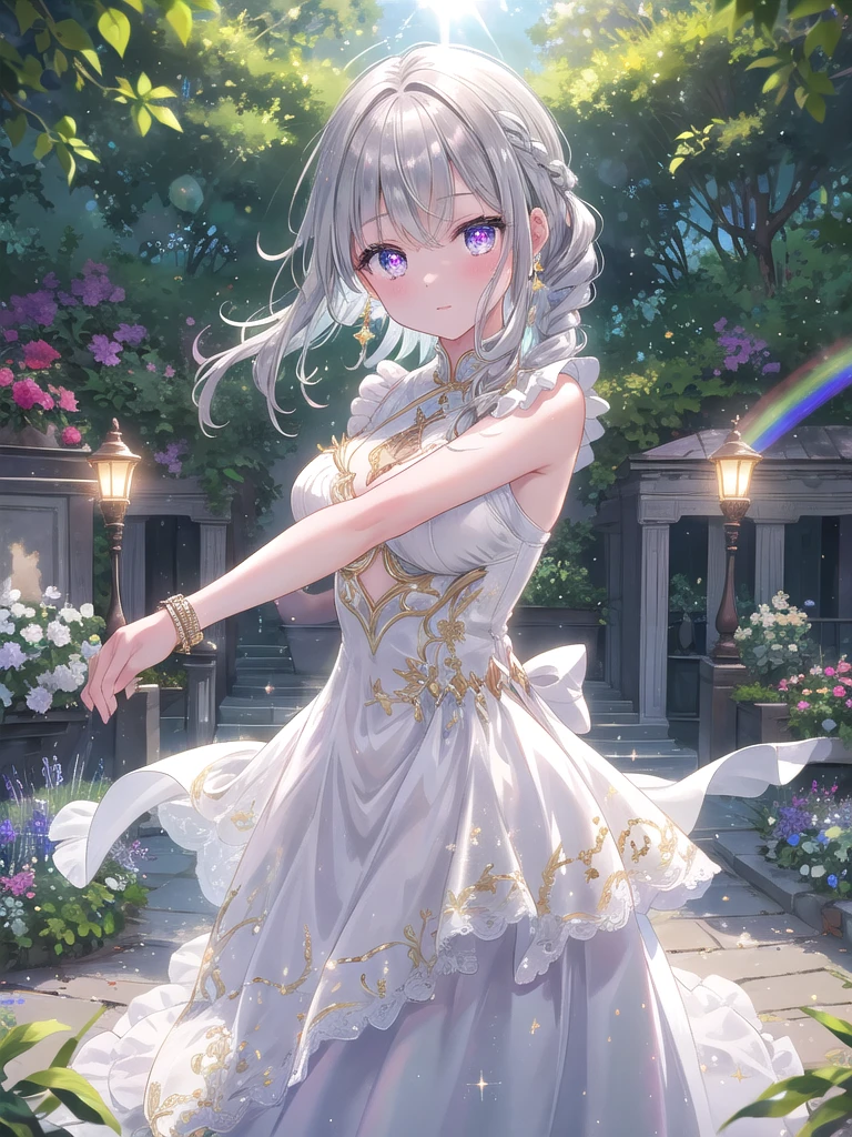 ((8k, best quality, master piece: 1.3)),super high resolution,(1 girl, solo), (colorshift eyes, hyperdetailed, expressive sparkling, glitter, glowing eyes), ultra detailed eyes, ultra-detailed face, random hair, ((silver gray color)),A silver-haired woman is dancing in the courtyard of an ancient temple. She is wearing a luxurious silk dress embroidered with gold and red, and a beautiful garden and fountain are in the background. The dress shines brilliantly in the light. She is dancing, her silver bracelets sparkling on her arms. Magical lights surround her, illuminating the entire garden with a fantastical glow. Her braided silver hair sways with the movements of her dance, and her translucent skin reflects the light beautifully. Her eyes are a shining purple, and her magical powers are concentrated in her dance. Her graceful dancing figure is captivating, and she is painted to be one with the garden in the background, creating a fantastical atmosphere.A stunning scene with a vibrant rainbow lens flare effect. The light source is positioned behind the main subject, creating a spectrum of colors that spread across the image. The light reflects off various surfaces, adding a magical and dreamy quality to the scene. The background is slightly blurred to emphasize the glowing and shimmering effect of the lens flare.