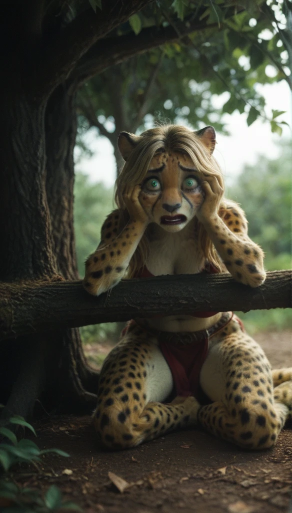 (zPDXL2), score_9, score_8_up, score_7_up, source_anime, 2d, FURRY, anthro, 
female, anthro, [black panther:cheetah:0.3], (black fur), (hiding, seat under tree, scared face expression, Scared pose:2), (long hair, wheat blonde hair, wet hair, fluffy tail), cheetah ears, big breasts, attractive, (prehistoric, top, loincloth), ((athletic body, Curvy body)), thick hips, freckles, freckles on face, emerald green eyes, thunder, storm, lighting, tropical night background, 
AissistXLv2, unaestheticXL_bp5, SimplePositiveXLv2, zPDXL2 PonyXLV6_Scores