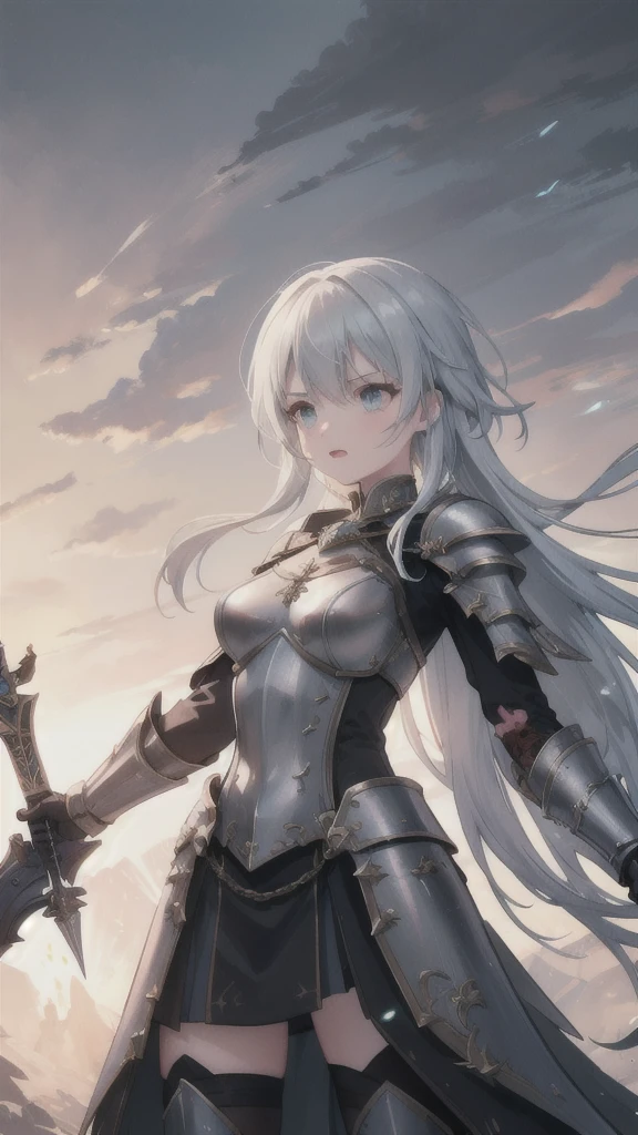 a detailed fantasy battle scene, a warrior woman gripping a longsword, dramatic lighting, cinematic composition, epic fantasy, detailed armor and clothing, intense facial expression, dynamic pose, stormy sky, rugged terrain, volumetric lighting, cinematic atmosphere, highly detailed, 8k, best quality, masterpiece, photorealistic, volumetric lighting