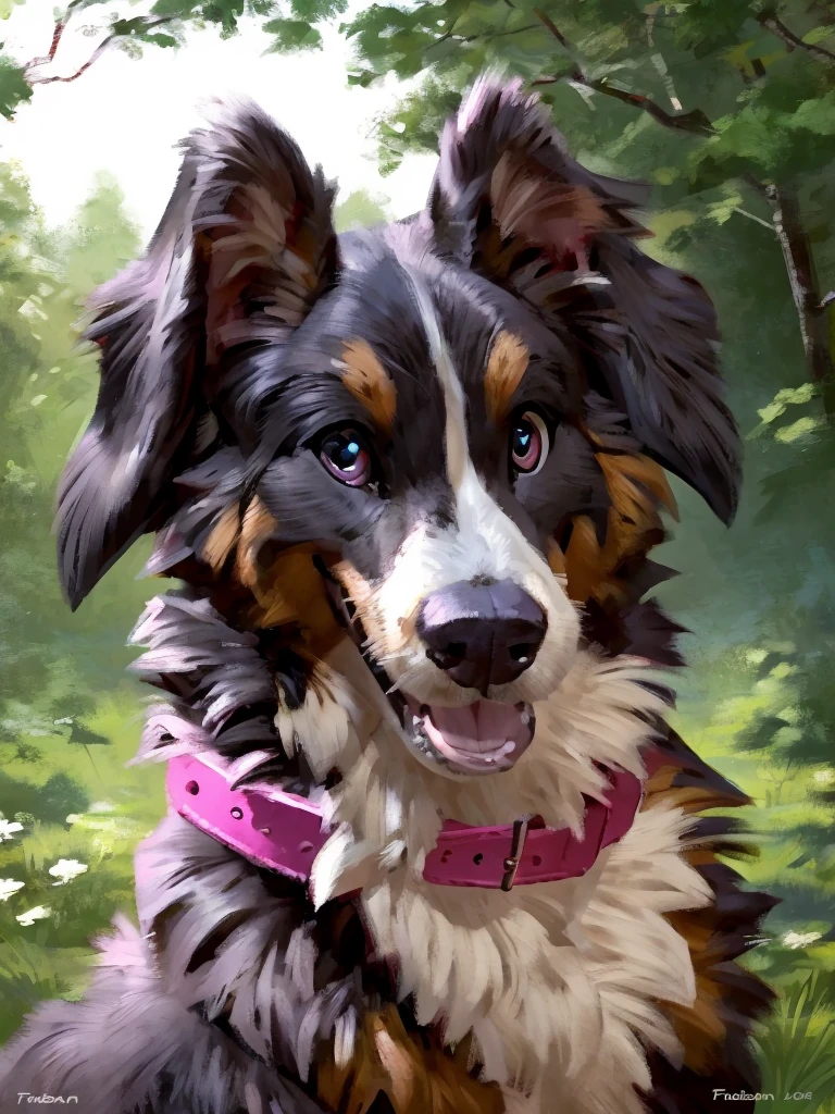 (by halbean), (by Taran Fiddler), solo, feral, canine, domestic dog, Bernese mountain dog, Australian shepherd, long fur, shiny fur, smooth body, long snout, big floppy ears, cute eyes, curvy, feminine, anatomically correct, female, pink collar, overexposed lighting, warm sunlight, inviting, absurd res, big eyes, cute eyes, happy, excited, big smile, mouth open, portrait, headshot