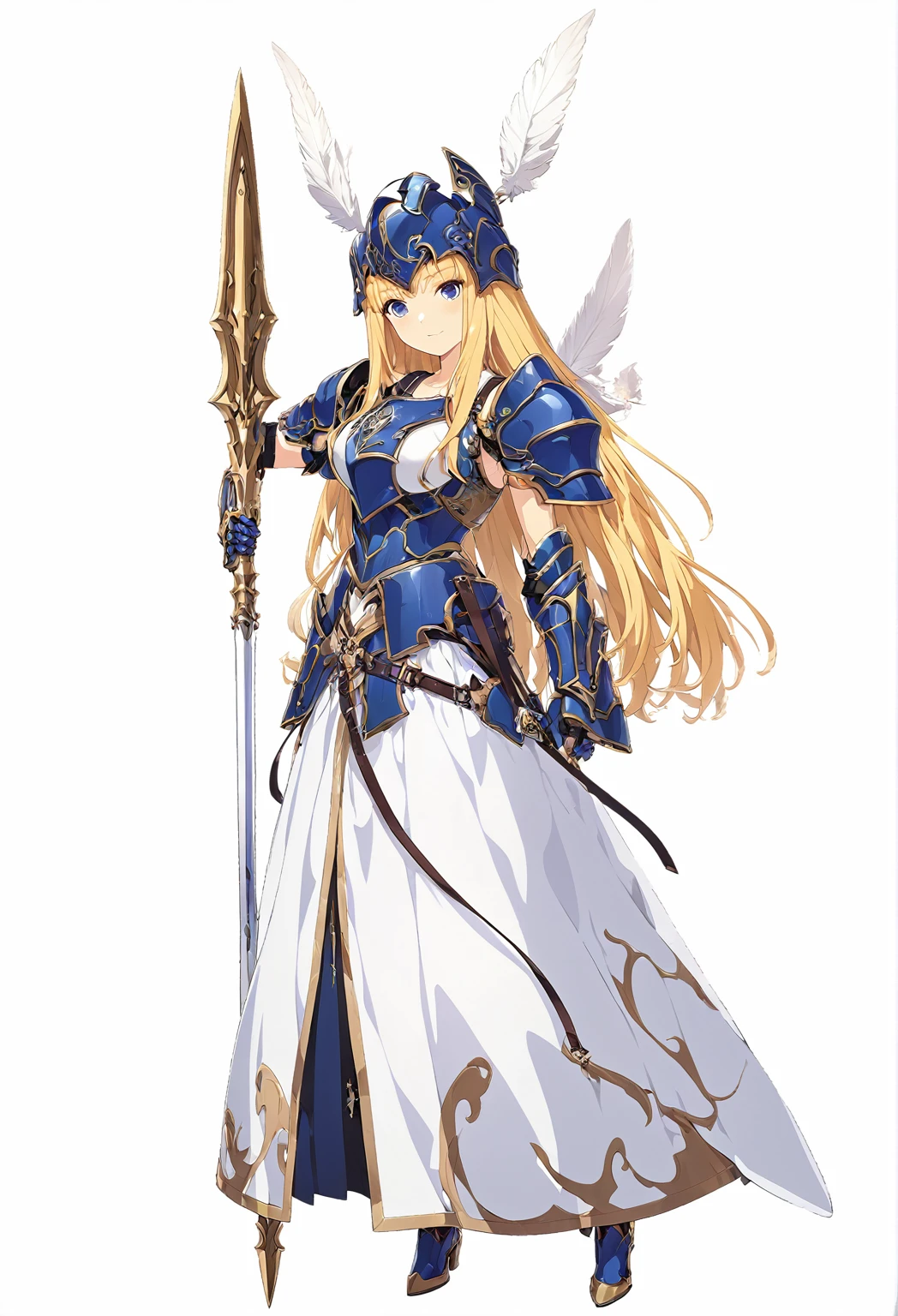 high quality, high resolution, high qualityのゲームアートスタイル, whole body,valkyrie,perfect hand,Official Art, Smooth game CG art, Visual Novel Sprites, White background,Smooth game CG art, (((Woman with a gun))),Woman wearing a white dress and blue armor, An intricately designed helmet with white feathers,Small shield, (((In his right hand he holds an elaborate spear))),Exquisite Blue Armor,Golden Hair, long hair, blue eyes,female knight, Rin々Shii,Large Bust,20-year-old