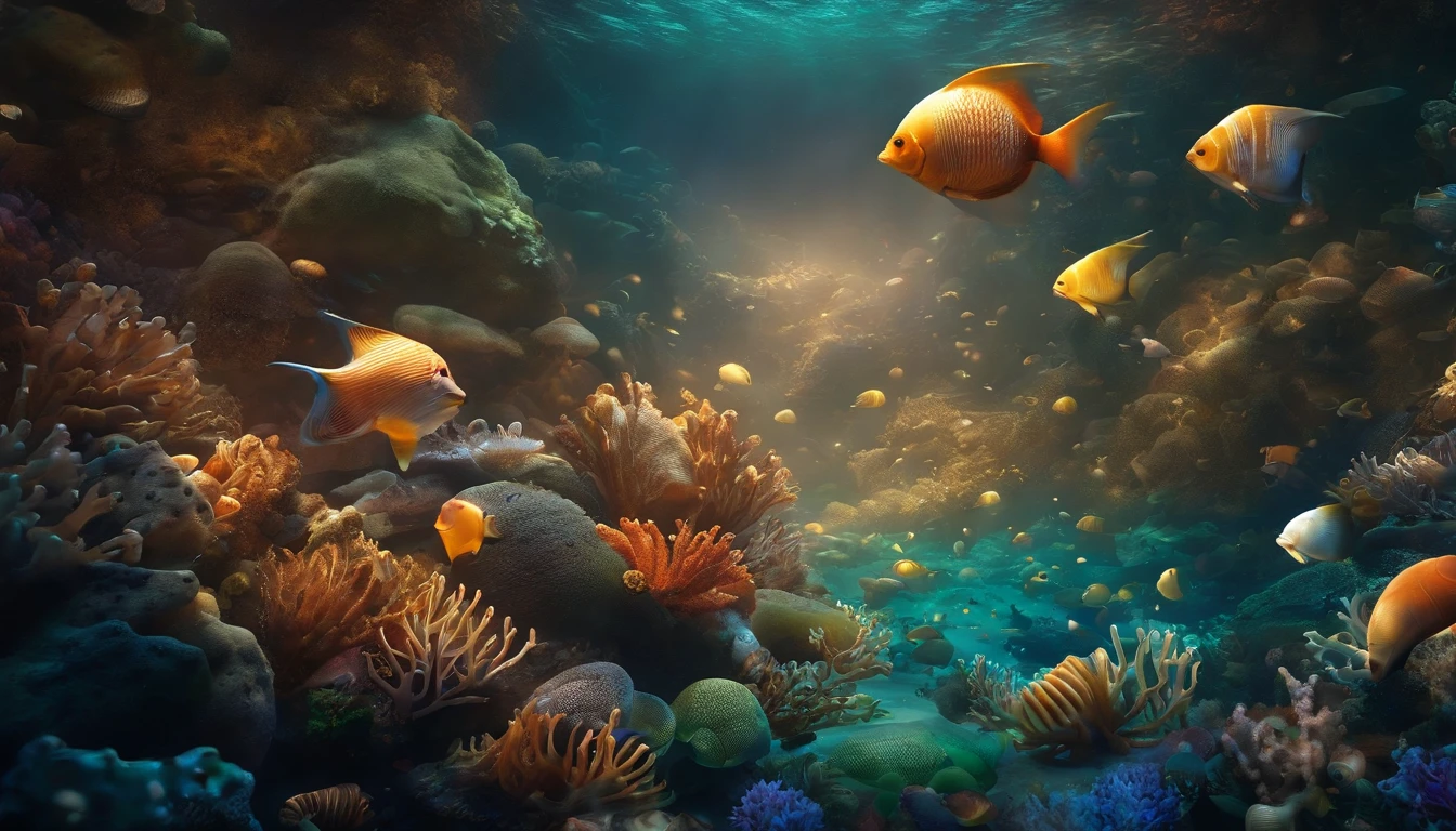 deep sea、The seabed is littered with a large number of shells.、Fantasy