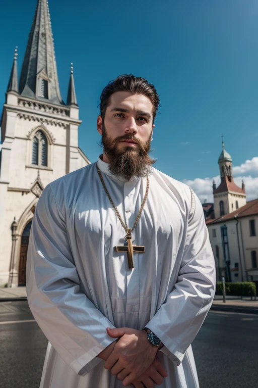 A handsome, bearded 35-year-old priest with a church in the background