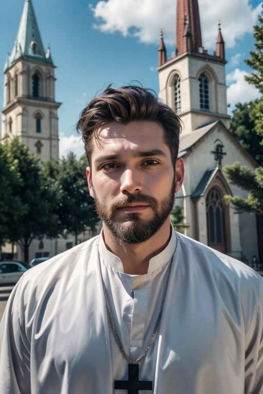 A handsome, bearded 35-year-old priest with a church in the background