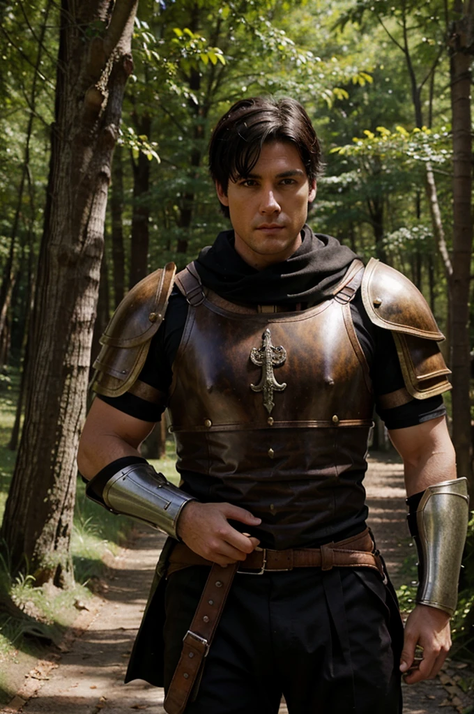 White guy,Brown eyes,extra short black hair,something muscular,medieval armor,forest