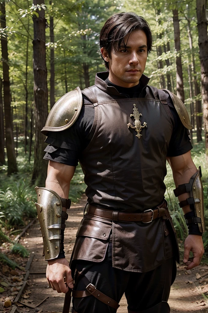 White guy,Brown eyes,extra short black hair,something muscular,medieval armor,forest