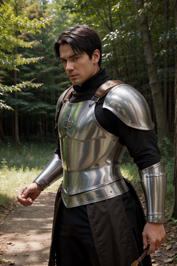 White guy,Brown eyes,extra short black hair,something muscular,medieval armor,forest