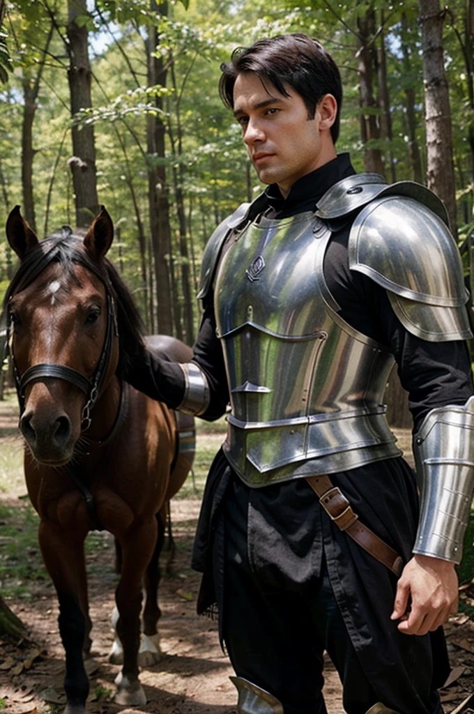 White guy,Brown eyes,extra short black hair,something muscular,medieval armor,forest