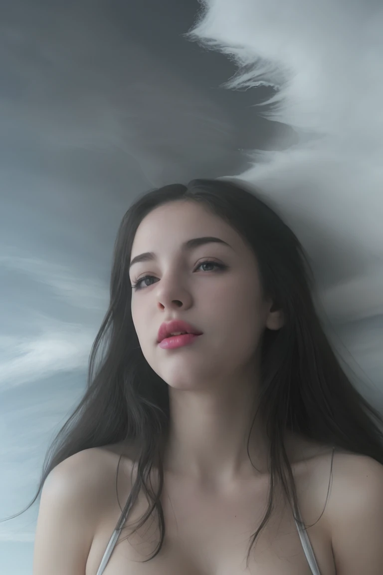 Dreamy girl in the clouds at night - Double exposure image at night, with a blonde girl with curves and very busty features. 18 years, soft makeup, swollen lips(bold pink lips), Porcelain skin(very pale skin), Wide hips. She has long wavy blonde hair.(cascading over his shoulders)-((while lying between soft, dark pillows that look like clouds)). She is wearing a floral print., lingerie top(with air lacings, intricate lace patterns, that accentuates her large breasts, backlit and adds ethereal quality to the scene.), hair ornament. bottomless, surrounded by fluffy clouds(The clouds cover their genitals.). ((Thunder Light Trails, Incorporate light trails around your subject to simulate movement and add a sense of dynamism and energy.)), surrounded by fluffy clouds(The clouds cover their genitals.). The girl lies(on your side) in the fluffy clouds, she is surrounded by fluffy clouds. ((The setting is a dark cloud-like dream environment created(with soft, Dark, fluffy material that imitates the appearance of clouds). Backlight improves dream quality..)) Double exposure elements(( intricate overlay: A field of flowers in soft pastel tones and luminous thunder, blending perfectly with the dark fluffy clouds and thunder))-to enhance the dreamy atmosphere. ((Color palette: air/main scene black, combined with pastel roses/purples/and greens of floral overlay)).
