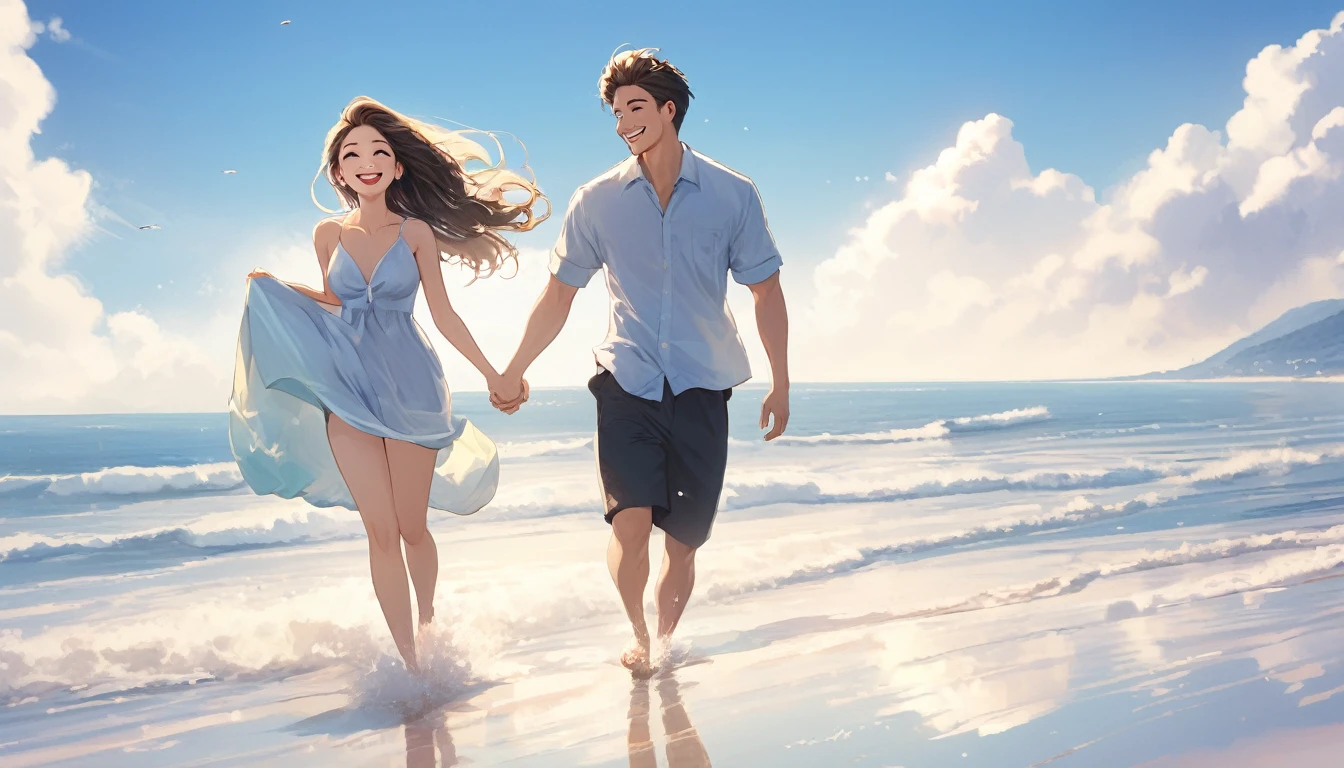 (Highest quality),Couple,smile,beach