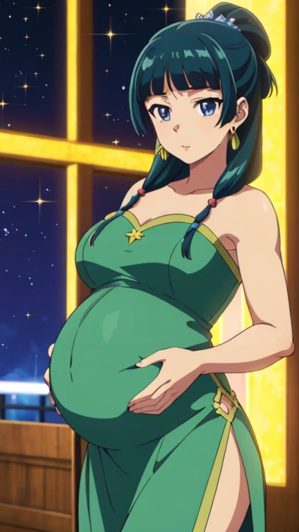 Top quality (8k, high resolution, masterpiece: 1.2), super detailed, anime art style, dynamic angle, (Western style dress, party venue), detailed green hair, detailed blue eyes, intricate hairstyle, long hair , slim body, sparkling eyes, youthful, hair accessories, earrings, half-updo, slightly dull bangs, detailed lighting, bright colors, looking at the viewer, in the center of the image, cowboy shot, pregnant 