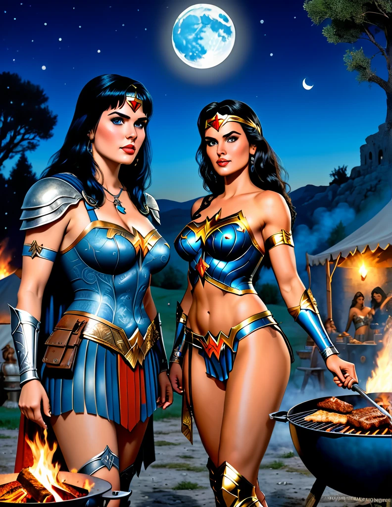A fantasy picture of Xena the Warrior Princess and the Wonder Woman at an ancient Roman camping ground grilling barbecue on a bright starry night with big silverish blue moon in the night sky, realistic illustration in Don Lawrence Style with ancient Roman artifacts and a larger, more prominent moon and a mystical aura around Xena and Wonder Woman, perfect face, perfect eyes, perfect pupil, detailed face, octane render