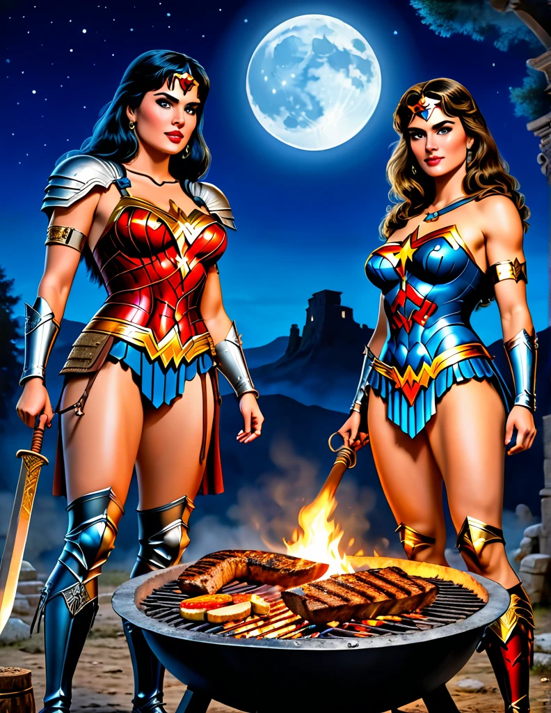 A fantasy picture of Xena the Warrior Princess and the Wonder Woman at an ancient Roman camping ground grilling barbecue on a bright starry night with big silverish blue moon in the night sky, realistic illustration in Don Lawrence Style with ancient Roman artifacts and a larger, more prominent moon and a mystical aura around Xena and Wonder Woman, perfect face, perfect eyes, perfect pupil, detailed face, octane render