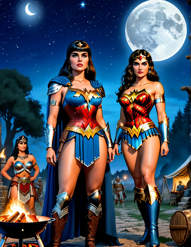 A fantasy picture of Xena the Warrior Princess and the Wonder Woman at an ancient Roman camping ground grilling barbecue on a bright starry night with big silverish blue moon in the night sky, realistic illustration in Don Lawrence Style with ancient Roman artifacts and a larger, more prominent moon and a mystical aura around Xena and Wonder Woman, perfect face, perfect eyes, perfect pupil, detailed face, octane render