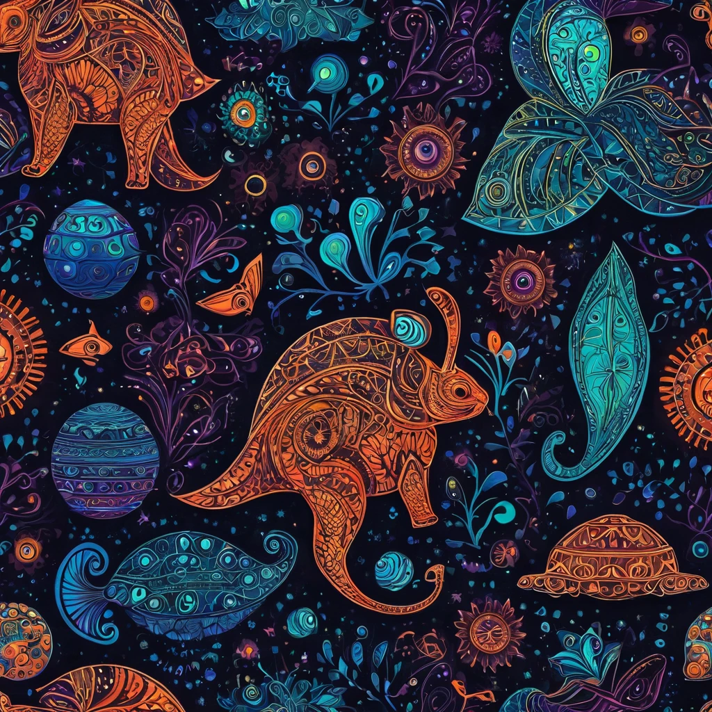 Create a visually stunning and captivating representation of never-before-seen magical creatures from Mars. These creatures are both cute and dark, with a unique bioluminescent quality. The design should incorporate elements of zentangle art, with intricate and mesmerizing patterns. The creatures should appear in a 3D format, with a cinematically-inspired background. Emphasize the mysterious and awe-inspiring nature of these creatures through the use of dark colors and contrasting bioluminescent zentangle lines. The final result should be a mesmerizing and otherworldly depiction of these unknown beings from the red planet.
