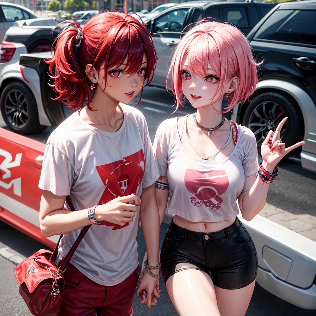 Hair with red,pink,white and black and bangs, ears with tragus piercings and one lobe and one hilux , eyes with good mood ,red sexy lips , short t shirt, short pants,,left hand with diamond bracelet, roght hand with one diamond ring,