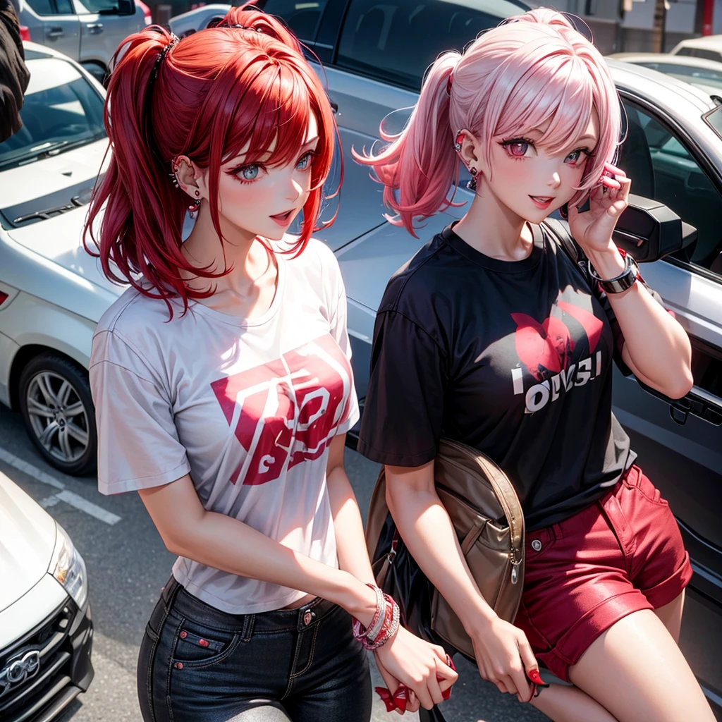 Hair with red,pink,white and black and bangs, ears with tragus piercings and one lobe and one hilux , eyes with good mood ,red sexy lips , short t shirt, short pants,,left hand with diamond bracelet, roght hand with one diamond ring,