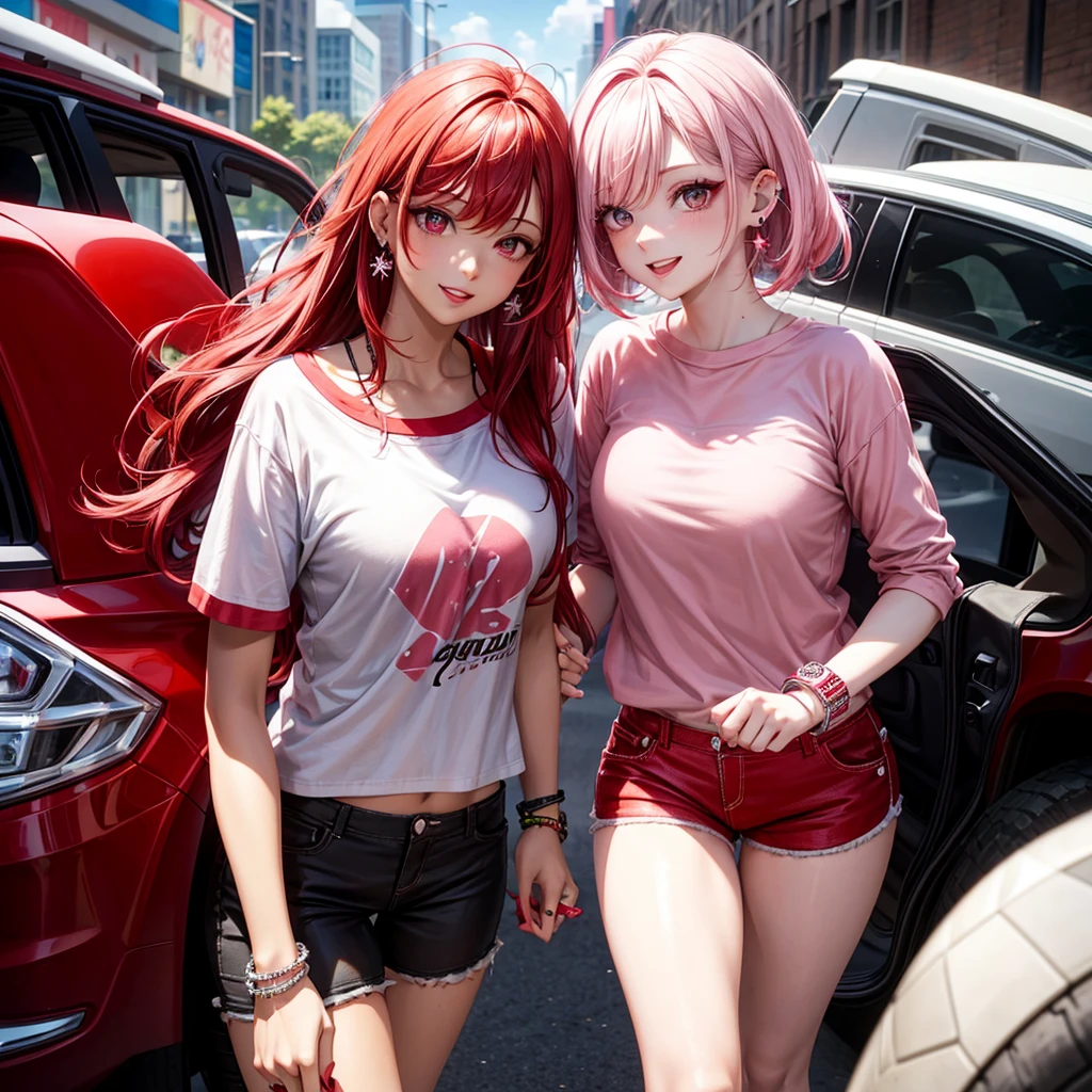 Hair with red,pink,white and black and bangs, ears with tragus piercings and one lobe and one hilux , eyes with good mood ,red sexy lips , short t shirt, short pants,,left hand with diamond bracelet, roght hand with one diamond ring,