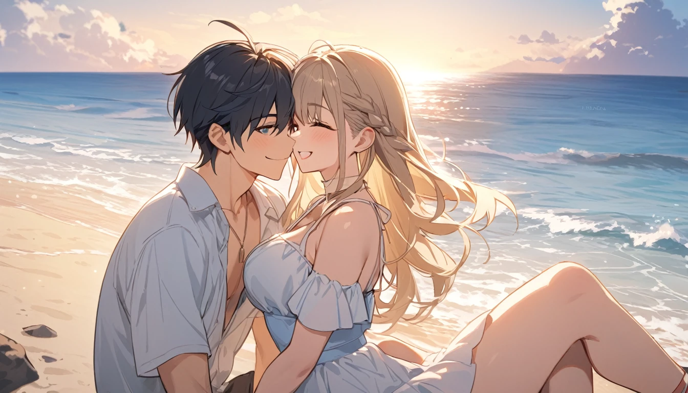 masterpiece, ultra-detailed CG unity 8k wallpaper, best quality illustration, a warm and cozy atmosphere, a summer scene in a seashore,beautiful sunset. The man has black hair and the woman has blond hair, sharing a happy moment together.