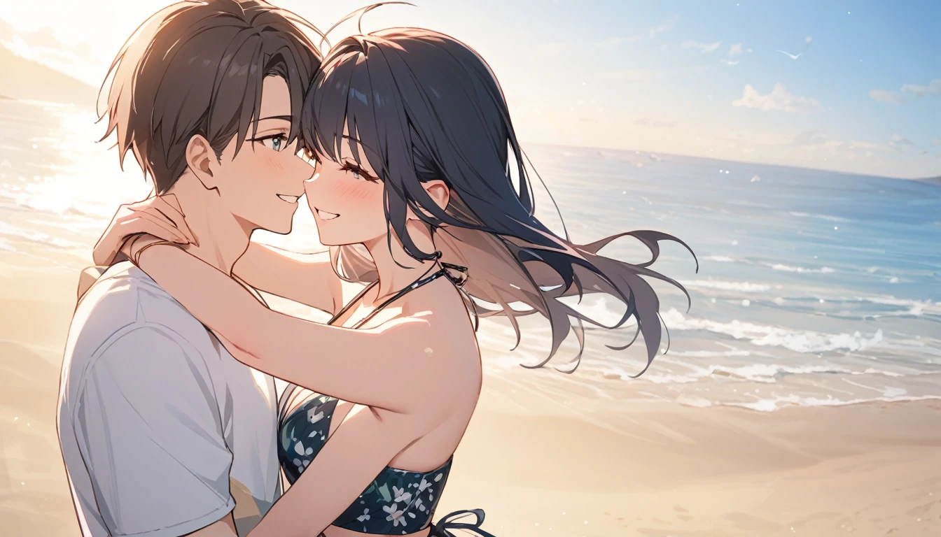 (Highest quality),Couple,smile,beach