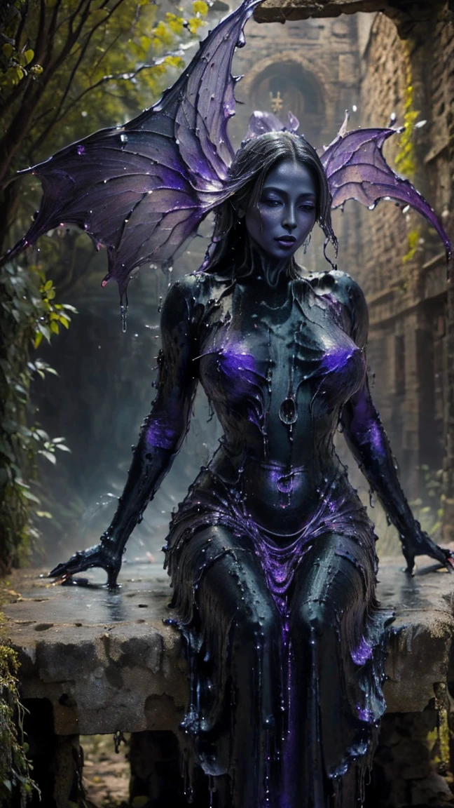 (The body is made of galaxy liquid purple-black paint，Twisted into a beautiful interpretation of the female form), Nature,((The church complex in the foreground)), Squatting with legs spread out，(( Fluid Mechanics, The cutest smooth scaly face makeup, A smirk)) - Red,, Onexia, Metallic tone g0s1，Eze，Black flowers