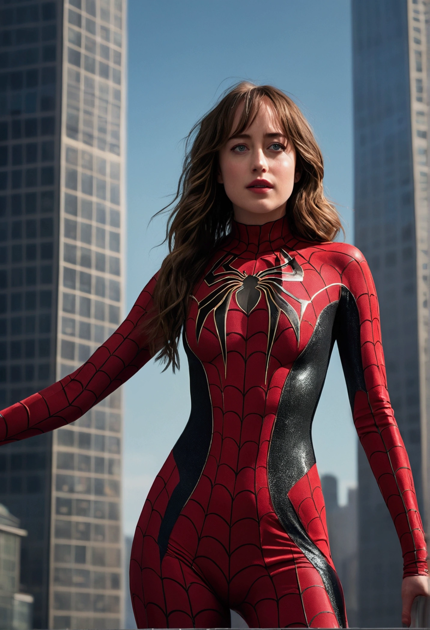 Highly detailed RAW photo of realistic Dakota Johnson wearing sexy and revealing spider woman costume standing on a tall skyscraper, dynamic pose, (wide hips), (detailed ), (detailed lips), (detailed eyes), (Sci-Fi setting) (detailed face), (curvy), detailed eyes, depth of field, soft lighting, masterpiece, best quality, intricate, (lens flare:0.7), (bloom:0.7), particle effects, raytracing, tone mapped, highly detailed, concept art, smooth, sharp focus, dramatic lighting, highly detailed artwork, cinematic, hyper realistic painting, trending on Artstation, 8K, incredible shadows, realistic, (highly detailed background:1.2), art by midjourney