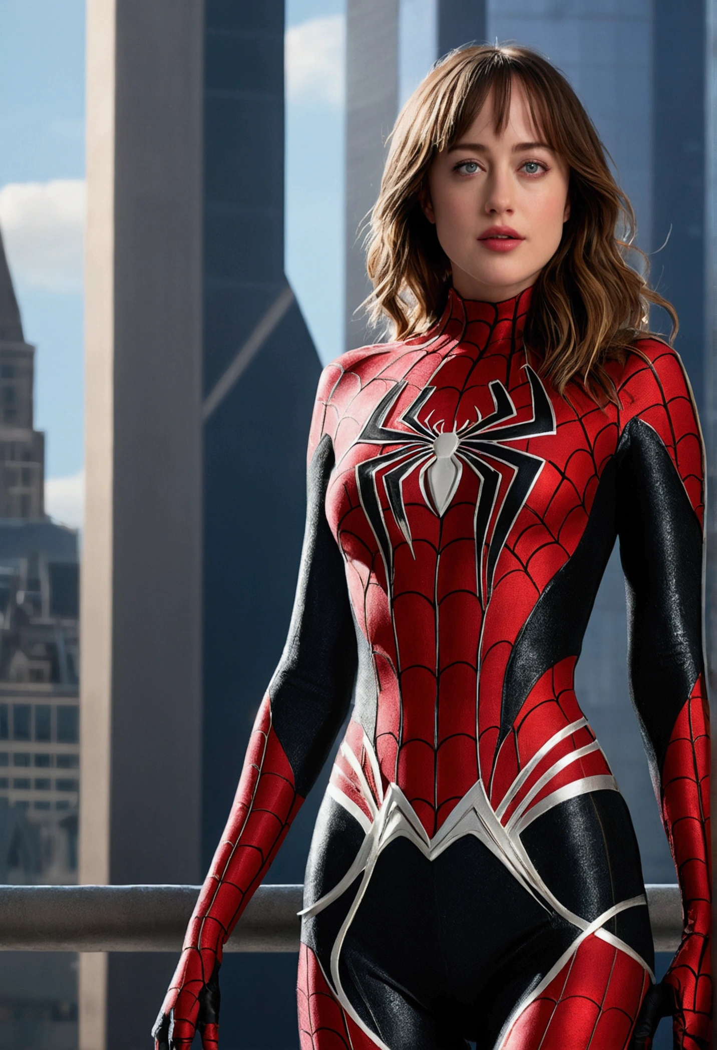 Highly detailed RAW photo of realistic Dakota Johnson wearing sexy and revealing spider woman costume standing on a tall skyscraper, dynamic pose, (wide hips), (detailed ), (detailed lips), (detailed eyes), (Sci-Fi setting) (detailed face), (curvy), detailed eyes, depth of field, soft lighting, masterpiece, best quality, intricate, (lens flare:0.7), (bloom:0.7), particle effects, raytracing, tone mapped, highly detailed, concept art, smooth, sharp focus, dramatic lighting, highly detailed artwork, cinematic, hyper realistic painting, trending on Artstation, 8K, incredible shadows, realistic, (highly detailed background:1.2), art by midjourney