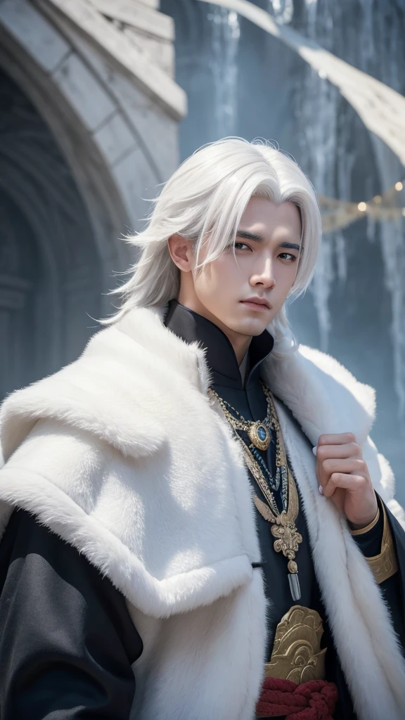 Masterpiece, Close-up of a man with white hair and a white mask., beautiful figure painting, Guvis, งานศิลปะสไตล์Guvis, white haired god, Yang J., Excellent and neat character art, Amazing character art, Fan Qi, Wu Chun Shifan, Gu Vitz in Pixiv Art Station, ancient, mountains and rivers