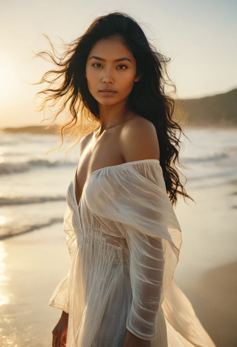 Half body shot photo of a beautiful filipino young woman in an oversized white transparent long dress over bikini. She has a long wavy black hair tousled by ocean breeze. She is standing by the beach, hugging a surfboard. Natural back lighting at golden hours.
